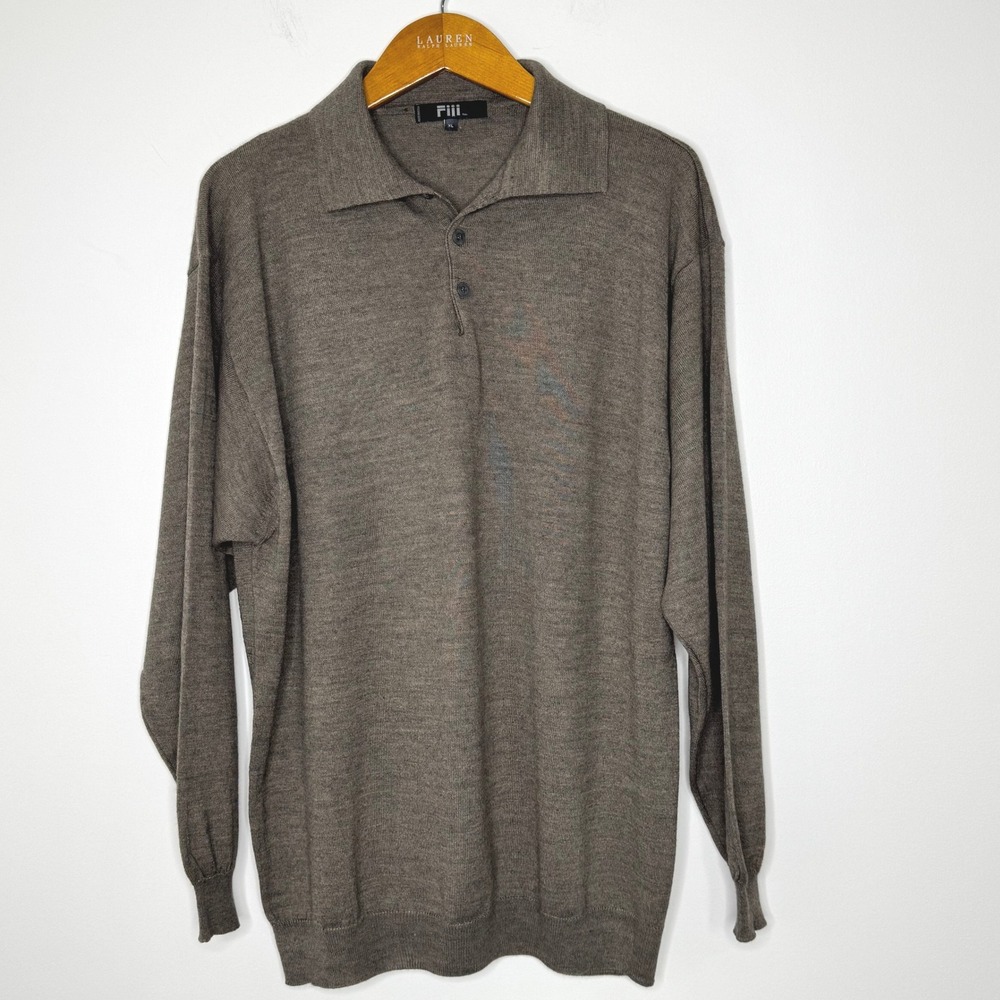 Fiii Wool Blend Polo Long Sleeve‎ Sweater Men's XL Brown